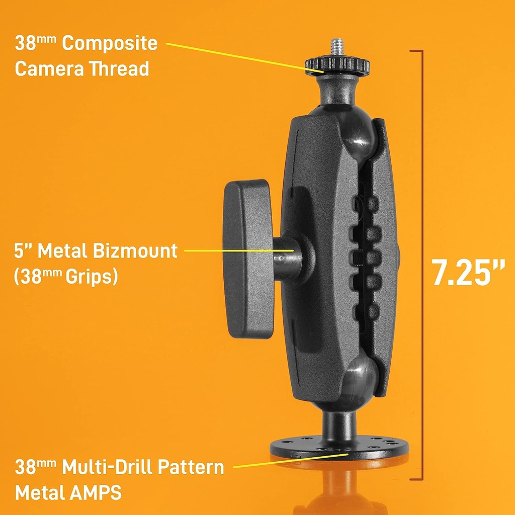 iBolt 38mm / 1.5 inch Metal Circular AMPS Pattern to ¼ 20” Composite Camera Screw Dual Ball Mount- Featuring a 5-inch Metal 38mm Bizmount Arm