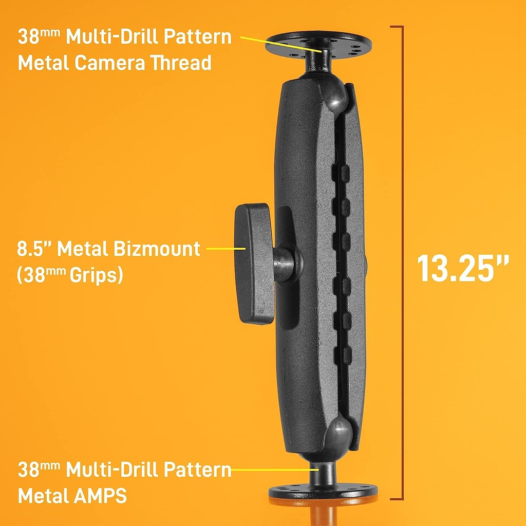 iBOLT 38mm / 1.5 inch Metal Circular AMPS Pattern to ¼ 20” Metal Camera Screw Dual Ball Mount- Featuring a 8.5-inch Aluminum 38mm Bizmount Arm