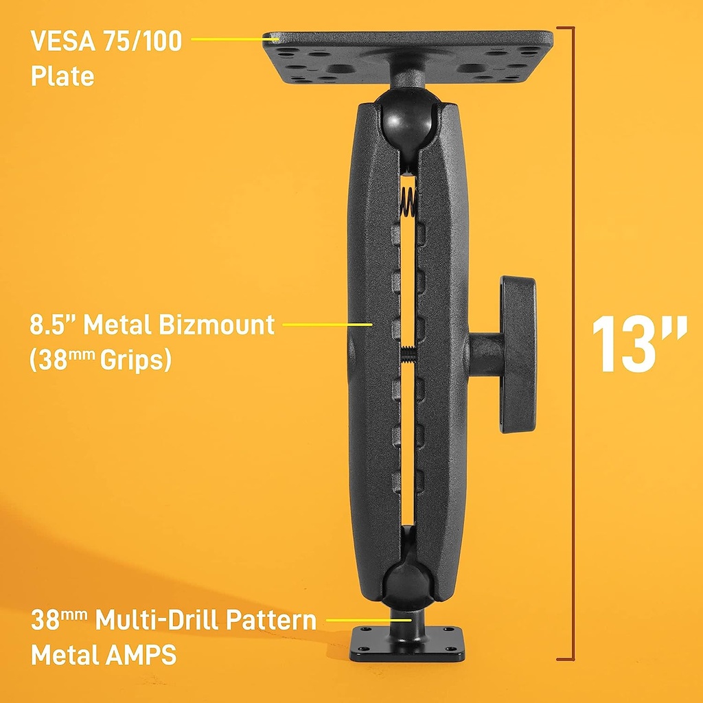 iBOLT 38mm / 1.5 inch Metal Rectangular AMPS to VESA 75 x 75 / VESA 100 x 100 8.5 inch Dual Ball Mount